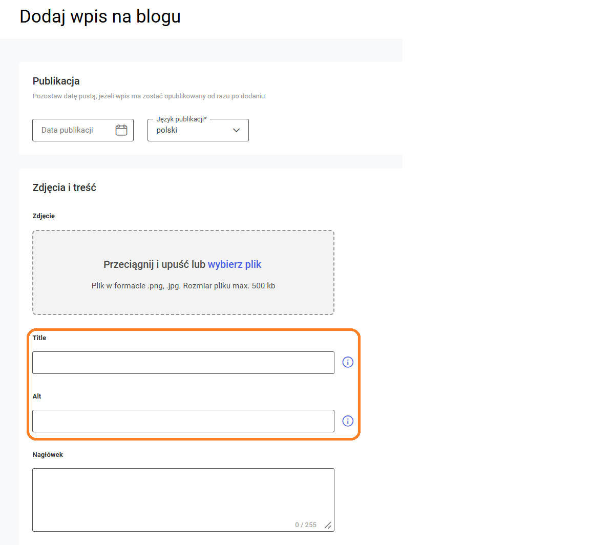 Widok konfiguracji wpisu blogowego z poziomu administracyjnego