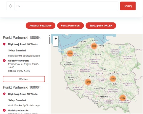 Mapa punktów odbioru osobistego ORLEN Paczka
